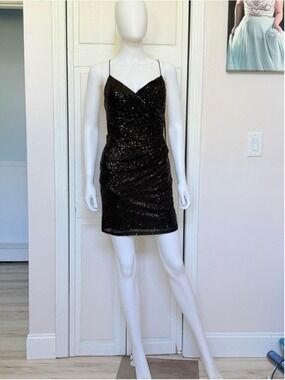 Size 2 Amelia Couture BZ002S Black Sequin Mini Dress Homecoming Hoco Tie Up Back